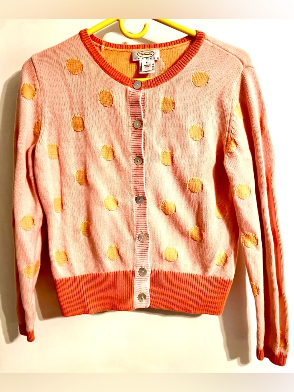 Talbots Peach & Orange Women’s Polka Dots Cardigan Sweater W/Coral Trim-Size 8‎